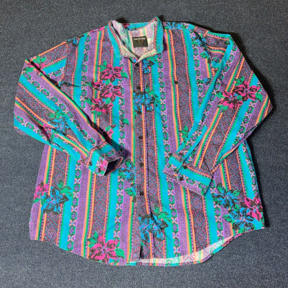 Vintage Frontier Series Rodeo Shirt Mens XL Teal Purple Southwestern Floral XL